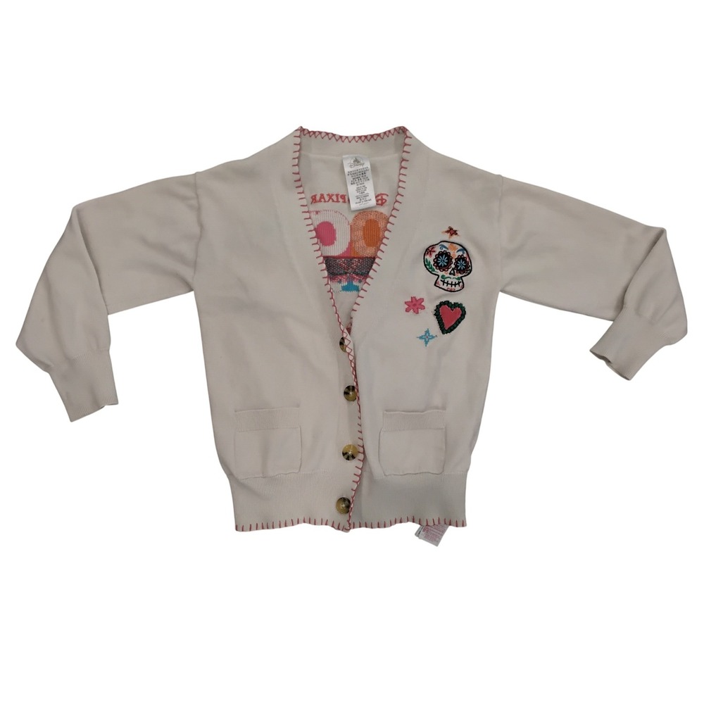 Disney Pixar Coco Kids Cardigan Sweater Cream Sugar Skull Embroidered Size 9/10‎